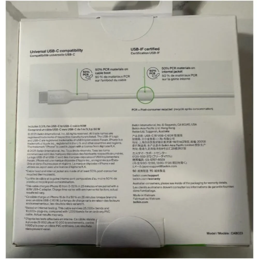 Belkin BoostCharge USB C To USB C Cable 60W Fast Charging 1M